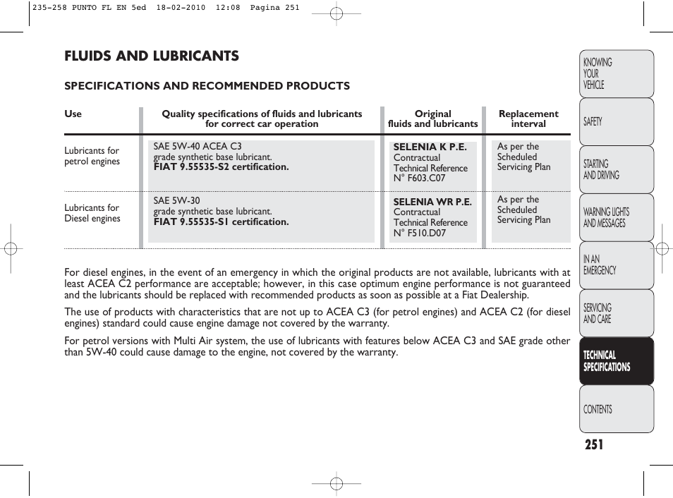 Fluids and lubricants | FIAT Punto Evo User Manual | Page 252 / 270