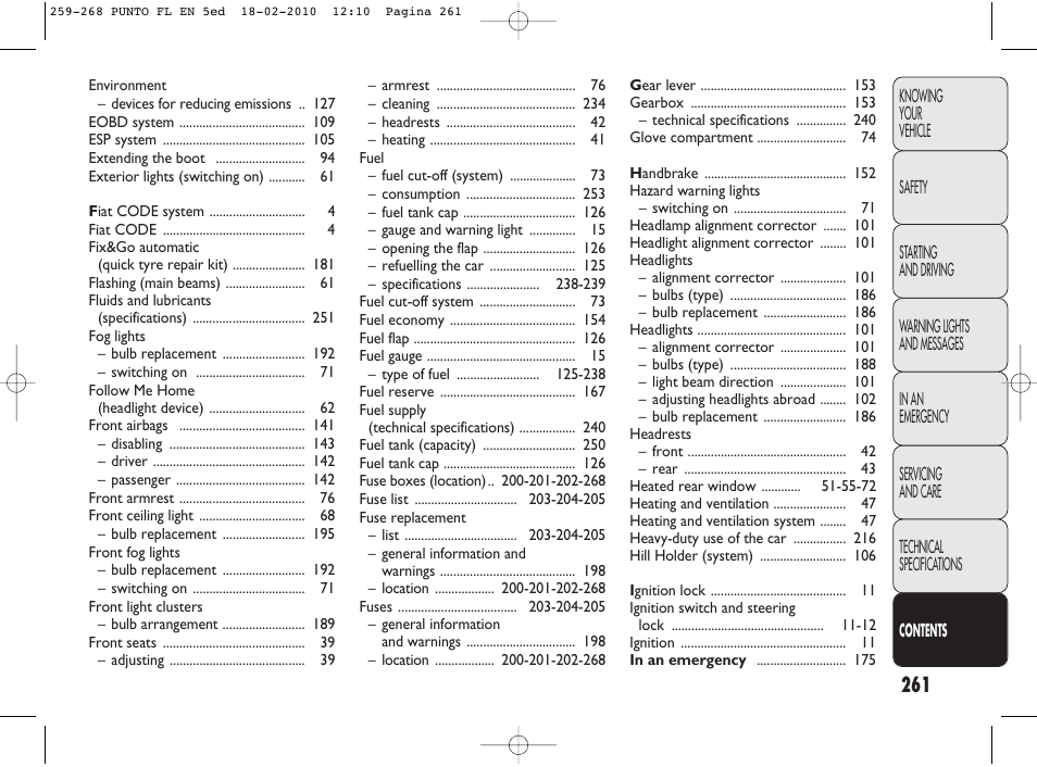 FIAT Punto Evo User Manual | Page 262 / 270