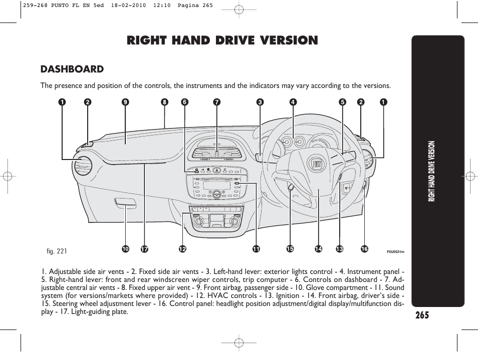 Right hand drive version | FIAT Punto Evo User Manual | Page 266 / 270