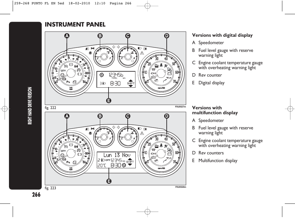 266 instrument panel | FIAT Punto Evo User Manual | Page 267 / 270