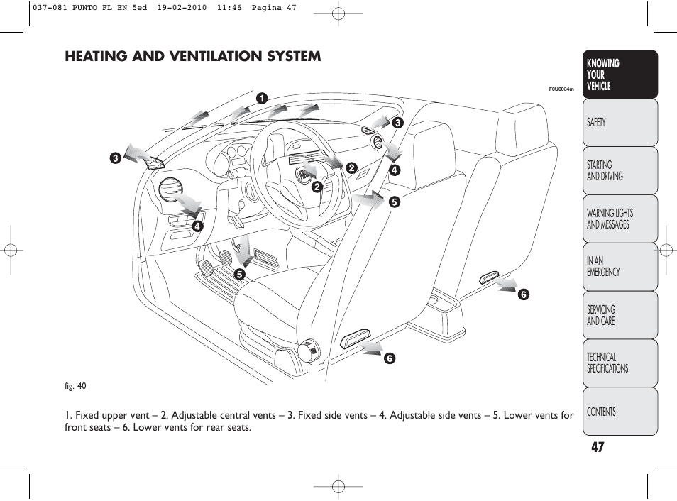 Heating and ventilation system | FIAT Punto Evo User Manual | Page 48 / 270