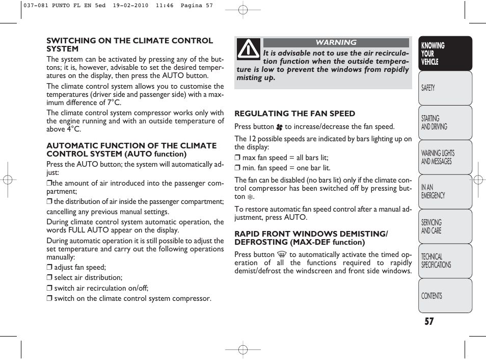 FIAT Punto Evo User Manual | Page 58 / 270