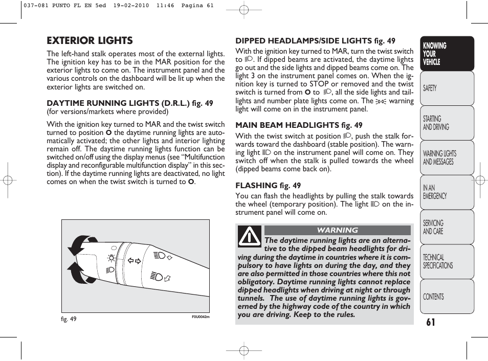 Exterior lights | FIAT Punto Evo User Manual | Page 62 / 270