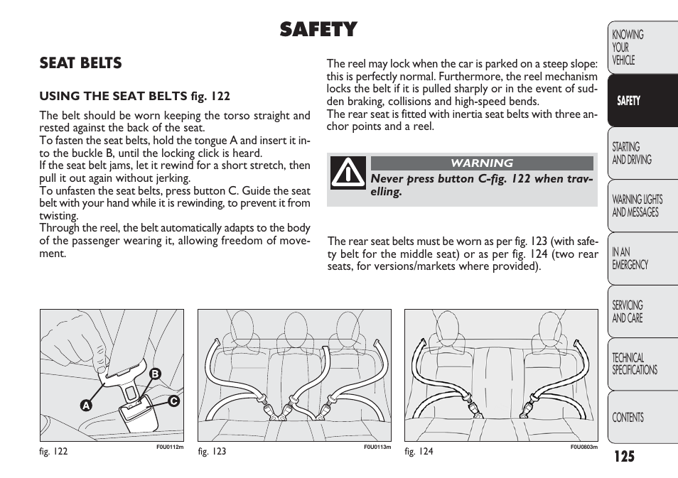 Safety, Seat belts | FIAT Punto 2012 User Manual | Page 127 / 271