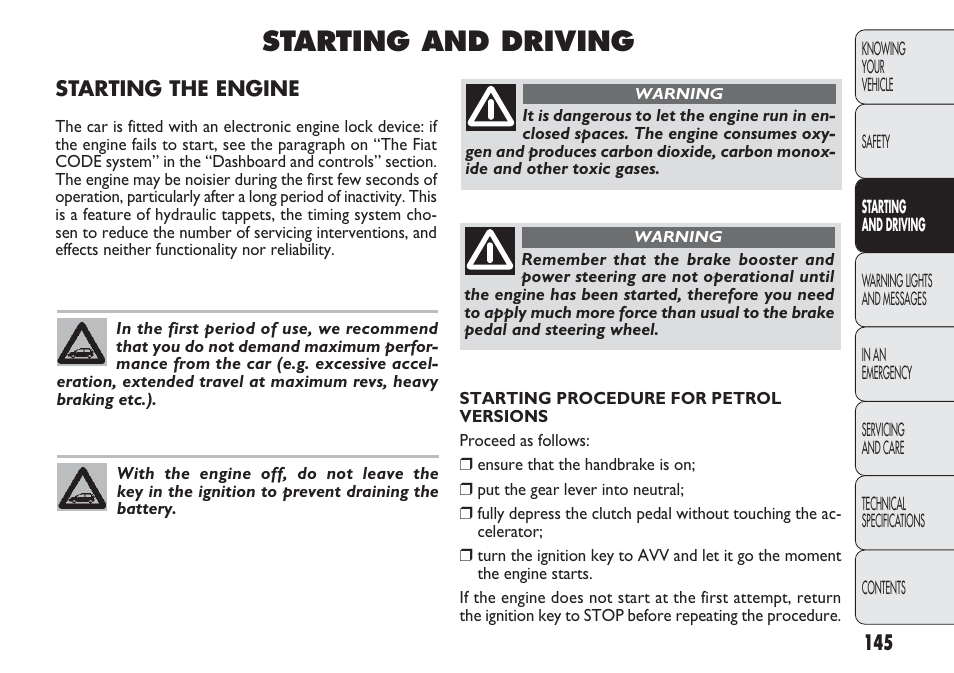 Starting and driving | FIAT Punto 2012 User Manual | Page 147 / 271