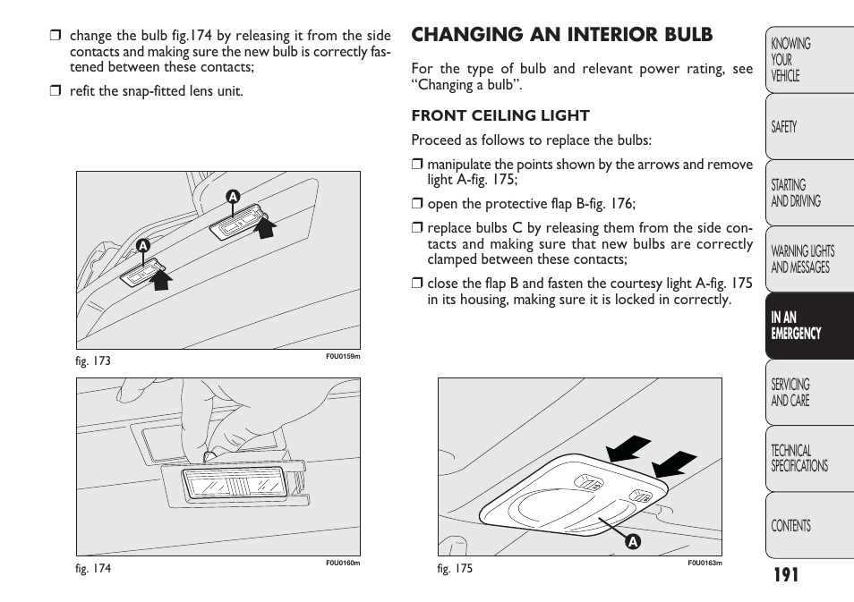 Changing an interior bulb | FIAT Punto 2012 User Manual | Page 193 / 271