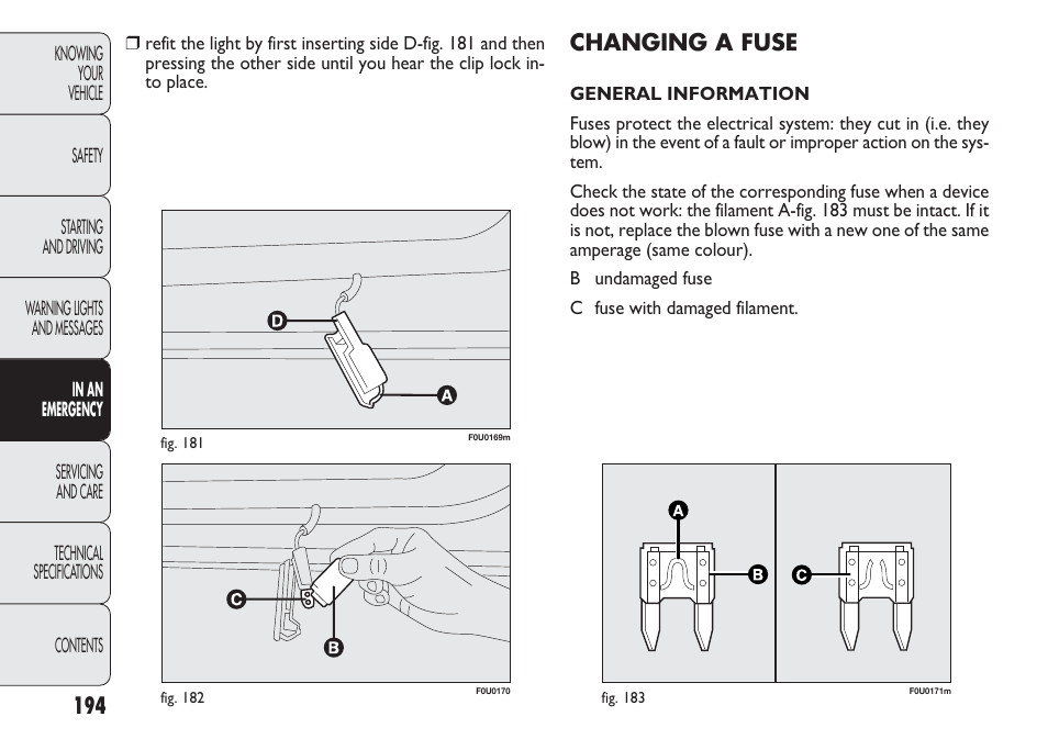 Changing a fuse | FIAT Punto 2012 User Manual | Page 196 / 271