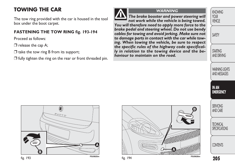 Towing the car | FIAT Punto 2012 User Manual | Page 207 / 271