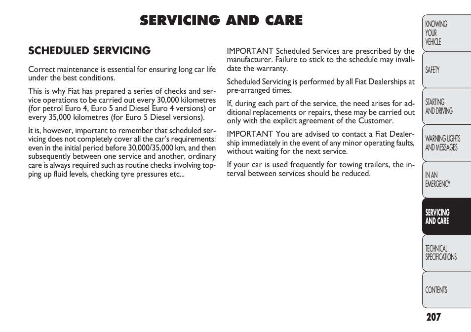 Servicing and care | FIAT Punto 2012 User Manual | Page 209 / 271