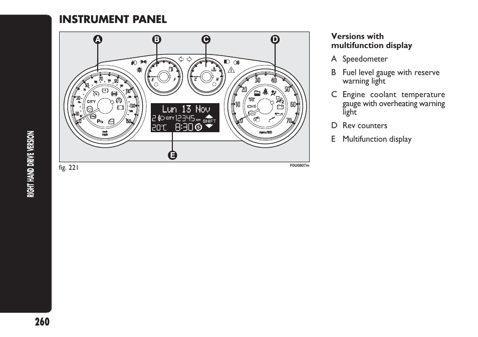 260 instrument panel | FIAT Punto 2012 User Manual | Page 262 / 271