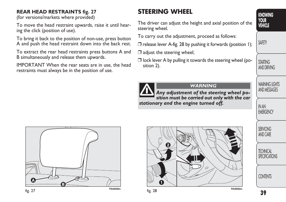 Steering wheel | FIAT Punto 2012 User Manual | Page 41 / 271