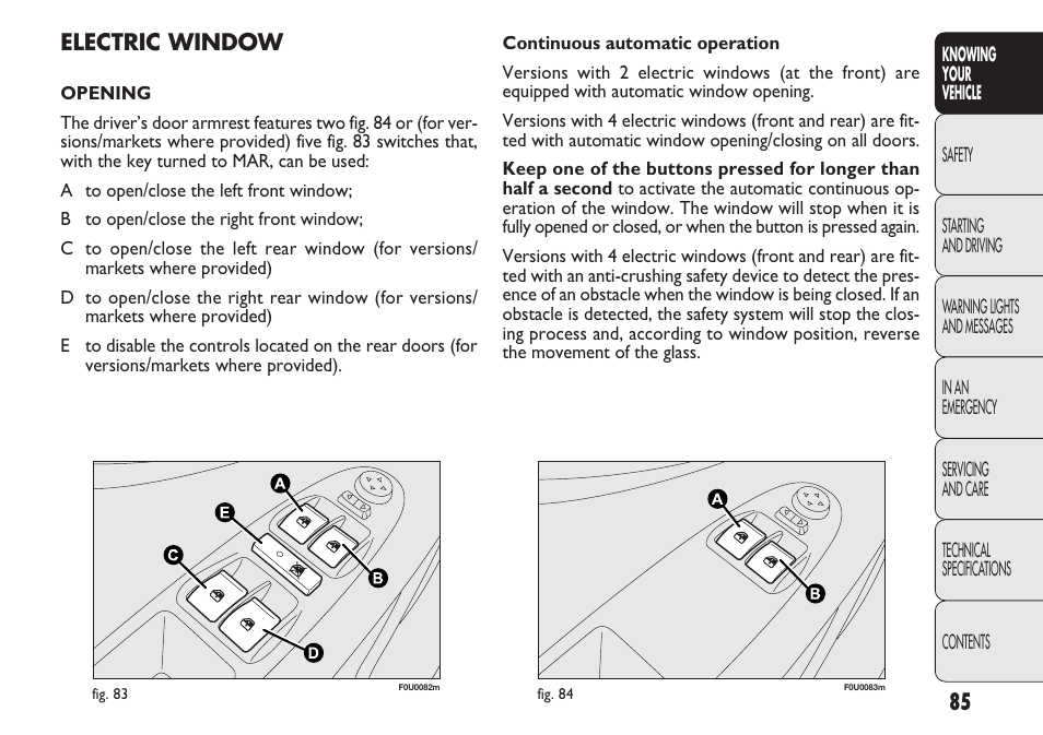 Electric window | FIAT Punto 2012 User Manual | Page 87 / 271