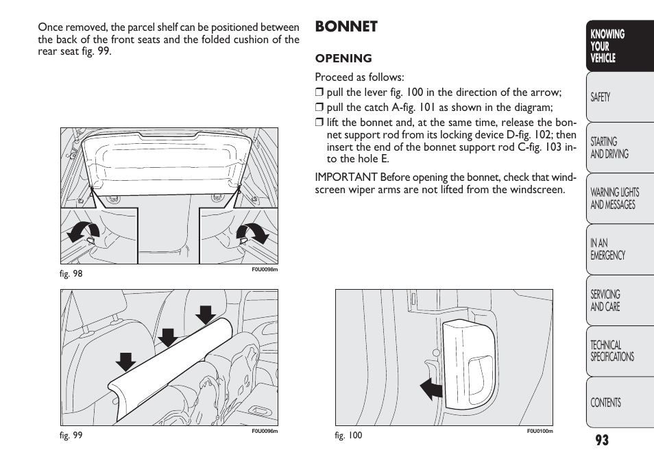 Bonnet | FIAT Punto 2012 User Manual | Page 95 / 271