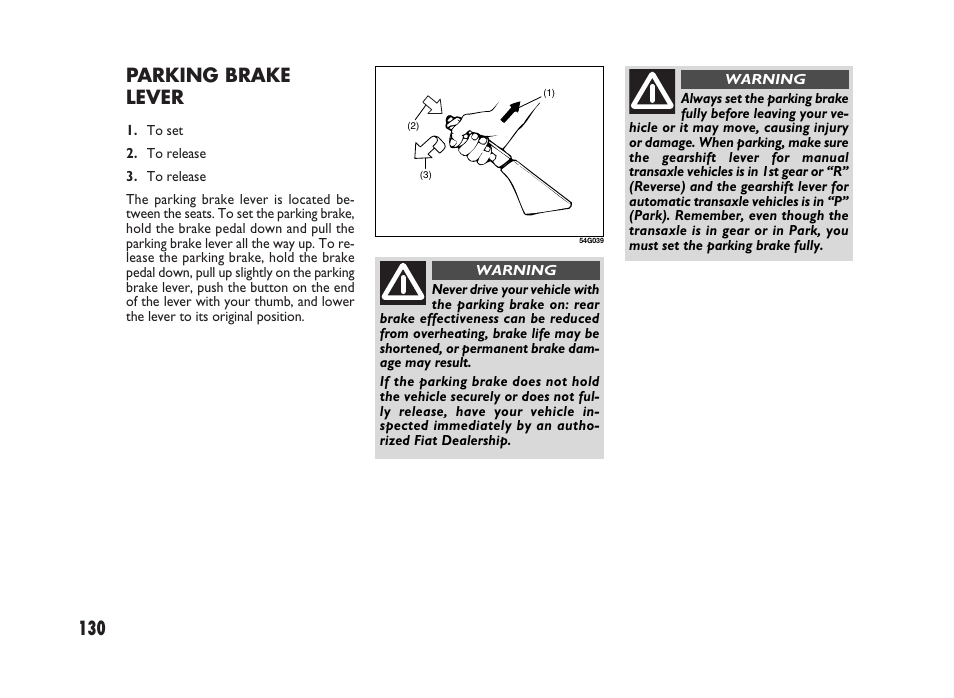 130 parking brake lever | FIAT Sedici User Manual | Page 131 / 266