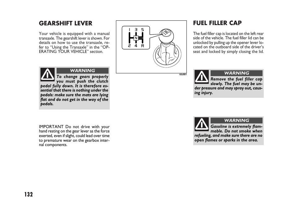 132 fuel filler cap, Gearshift lever | FIAT Sedici User Manual | Page 133 / 266