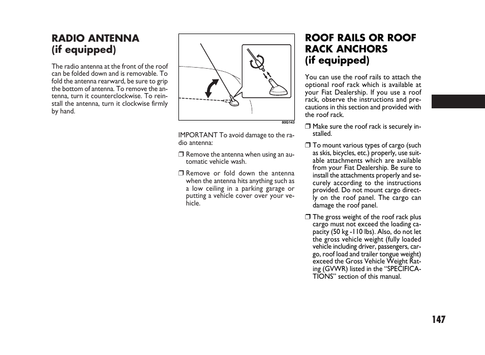 Radio antenna (if equipped), Roof rails or roof rack anchors (if equipped) | FIAT Sedici User Manual | Page 148 / 266