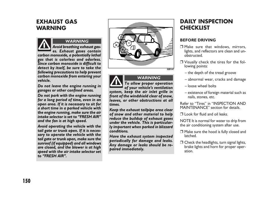 150 daily inspection checklist, Exhaust gas warning | FIAT Sedici User Manual | Page 151 / 266