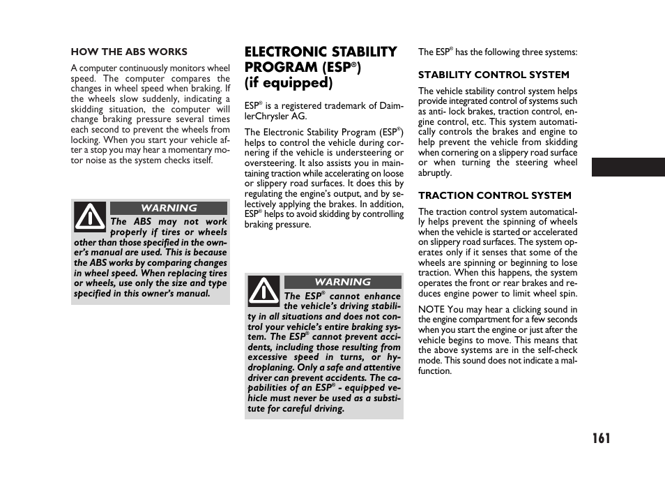 Electronic stability program (esp, If equipped) | FIAT Sedici User Manual | Page 162 / 266