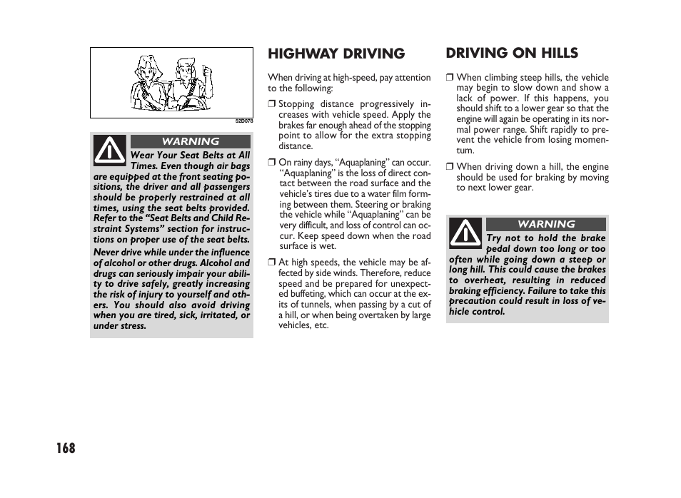 168 highway driving, Driving on hills | FIAT Sedici User Manual | Page 169 / 266