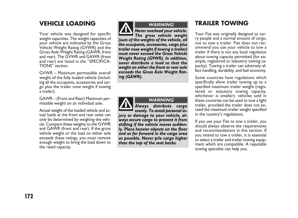 172 trailer towing, Vehicle loading | FIAT Sedici User Manual | Page 173 / 266