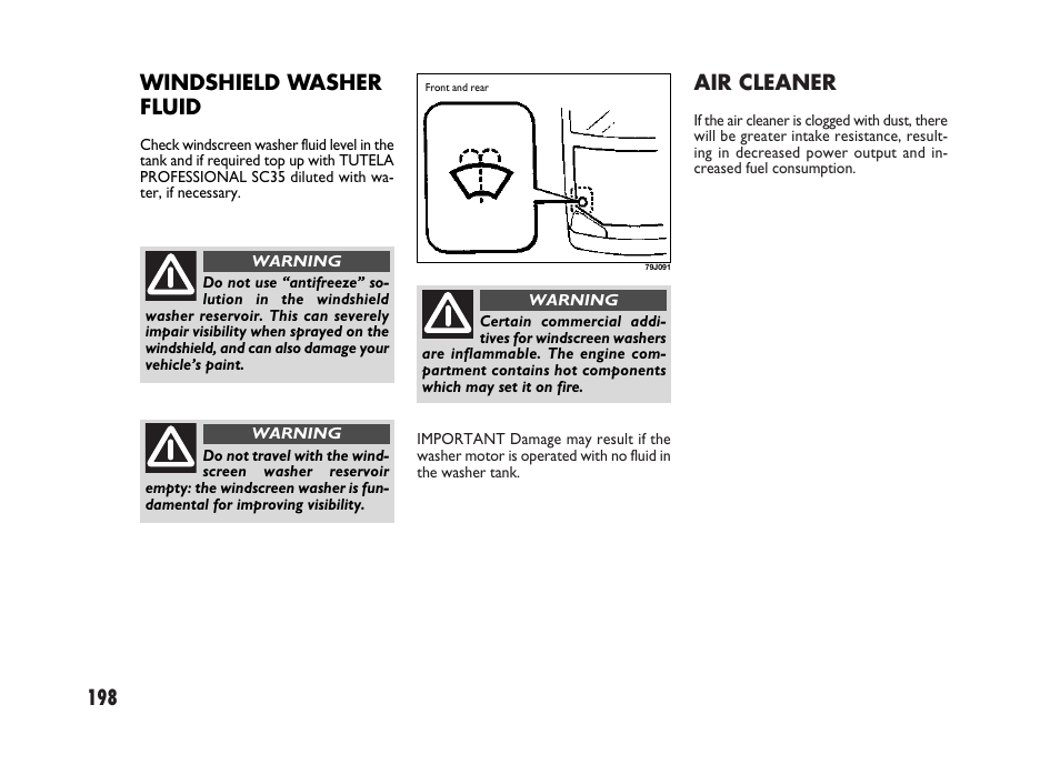 198 air cleaner, Windshield washer fluid | FIAT Sedici User Manual | Page 199 / 266