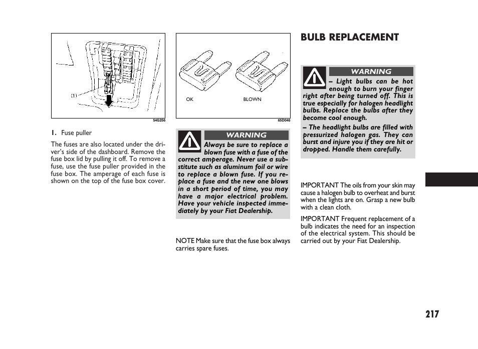 217 bulb replacement | FIAT Sedici User Manual | Page 218 / 266