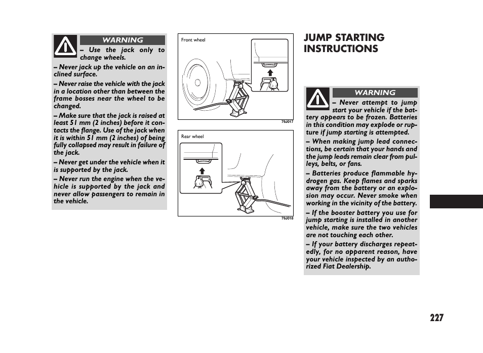 227 jump starting instructions | FIAT Sedici User Manual | Page 228 / 266