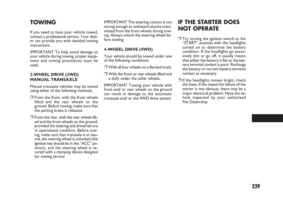 If the starter does not operate, Towing | FIAT Sedici User Manual | Page 230 / 266