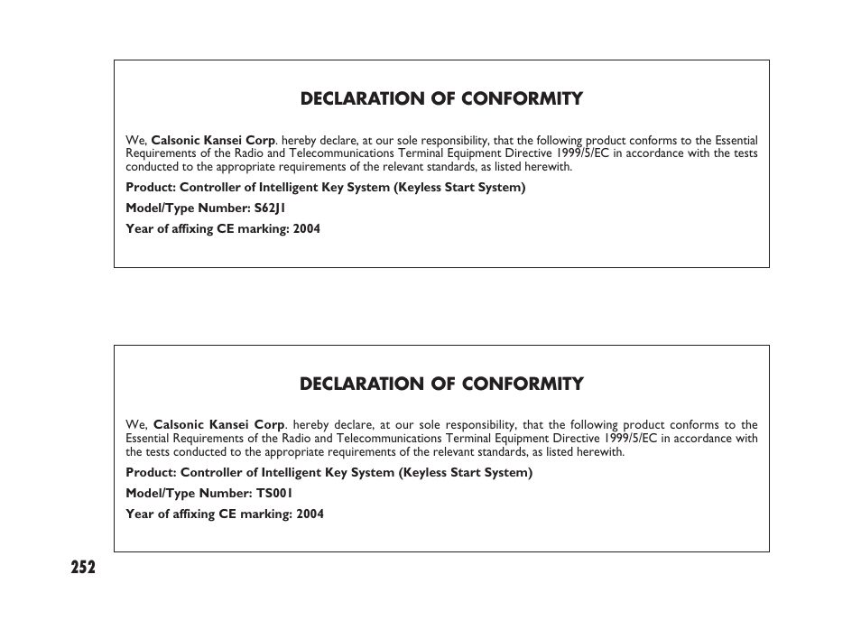 252 declaration of conformity, Declaration of conformity | FIAT Sedici User Manual | Page 253 / 266