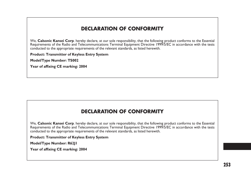 253 declaration of conformity, Declaration of conformity | FIAT Sedici User Manual | Page 254 / 266