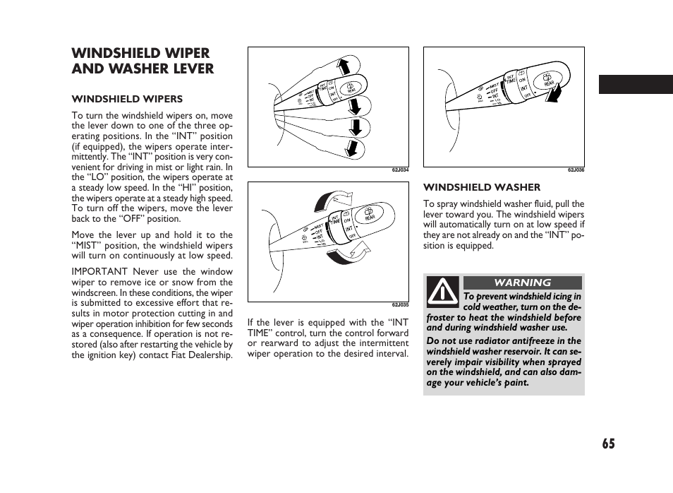 Windshield wiper and washer lever | FIAT Sedici User Manual | Page 66 / 266