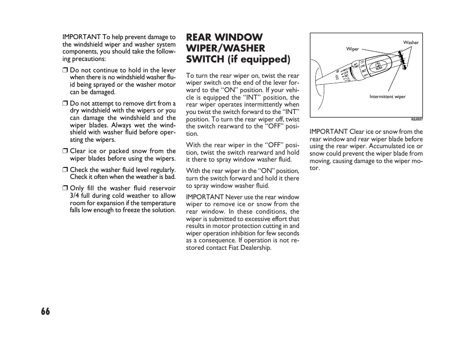 66 rear window wiper/washer switch (if equipped) | FIAT Sedici User Manual | Page 67 / 266