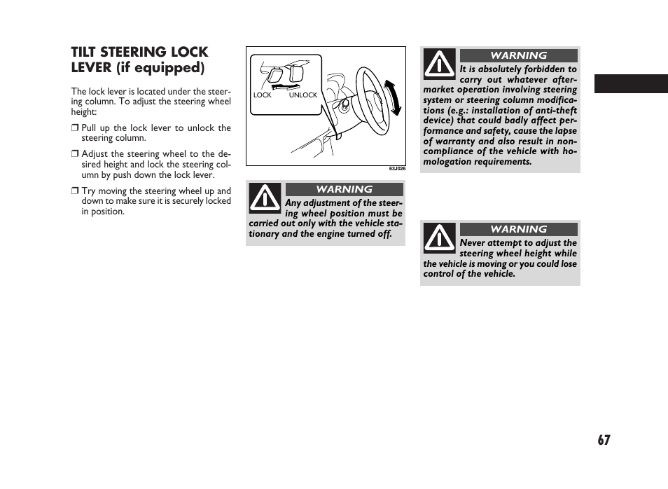 67 tilt steering lock lever (if equipped) | FIAT Sedici User Manual | Page 68 / 266