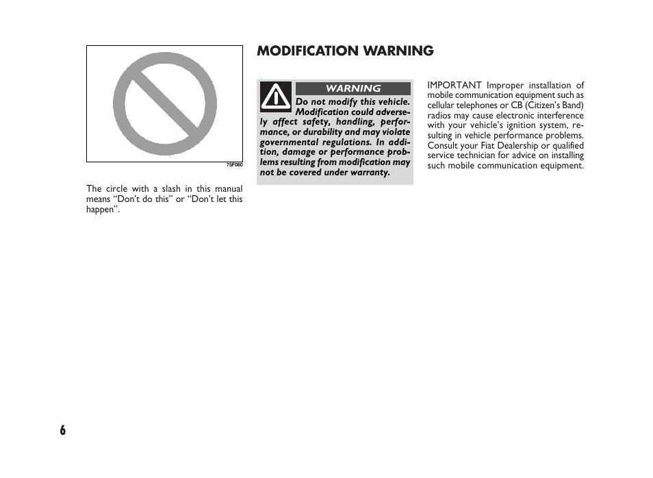 Modification warning | FIAT Sedici User Manual | Page 7 / 266