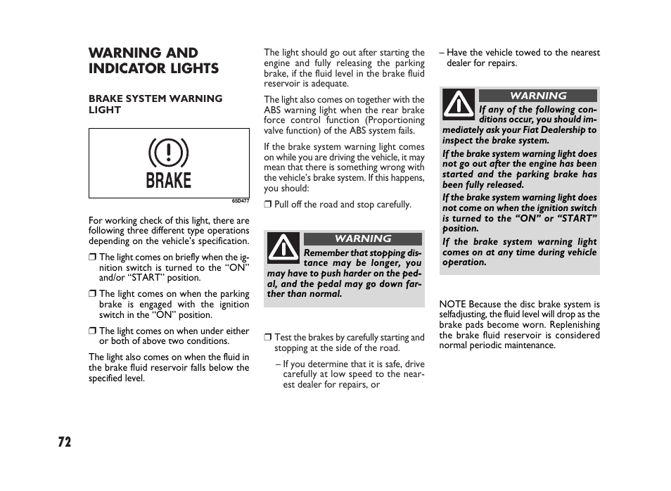 Warning and indicator lights | FIAT Sedici User Manual | Page 73 / 266