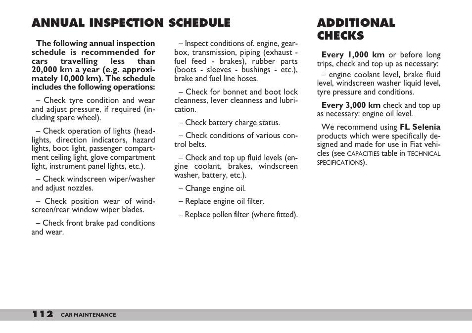 Annual inspection schedule, Additional checks | FIAT 600 User Manual | Page 113 / 154