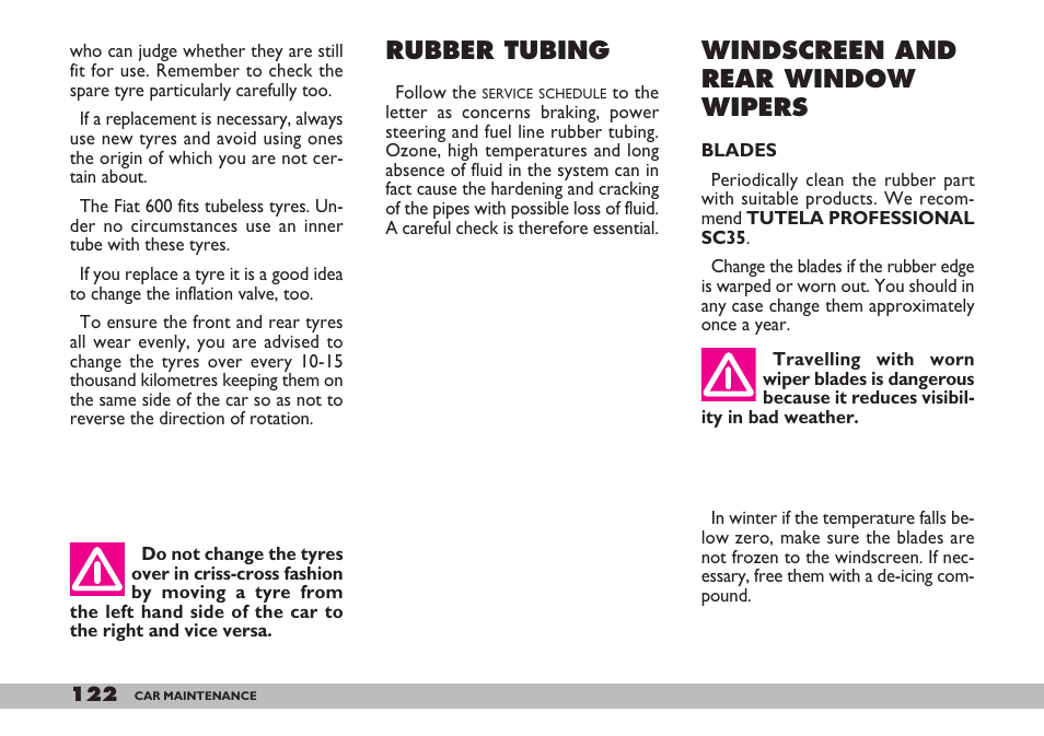 Rubber tubing, Windscreen and rear window wipers | FIAT 600 User Manual | Page 123 / 154