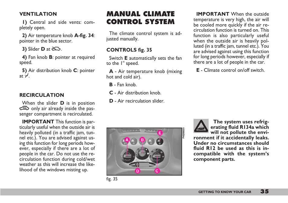 Manual climate control system | FIAT 600 User Manual | Page 36 / 154