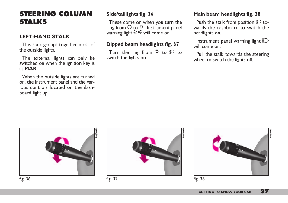 Steering column stalks | FIAT 600 User Manual | Page 38 / 154