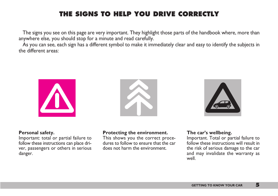 The signs to help you drive correctly | FIAT 600 User Manual | Page 6 / 154