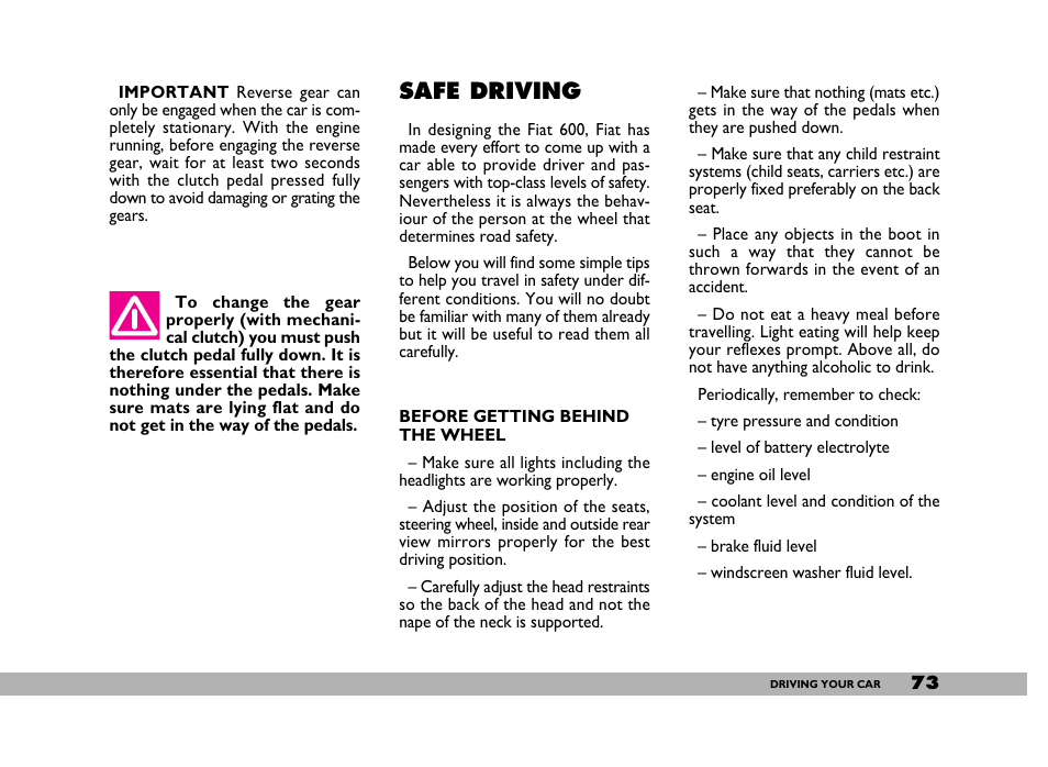 Safe driving | FIAT 600 User Manual | Page 74 / 154