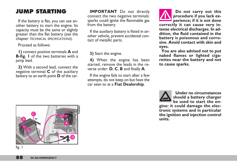 Jump starting | FIAT 600 User Manual | Page 89 / 154