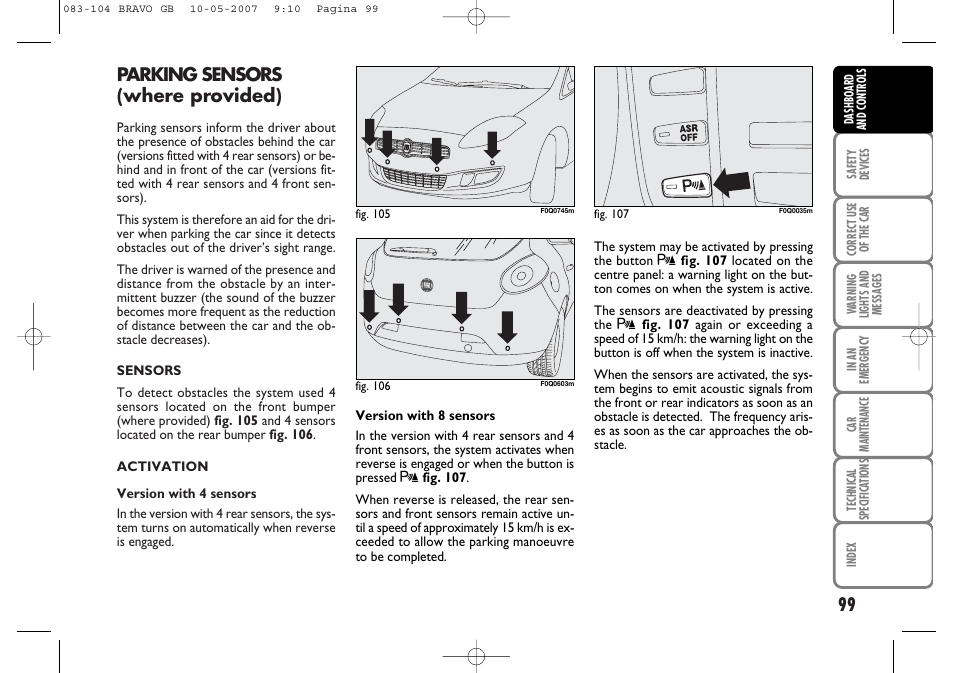 Parking sensors (where provided) | FIAT Bravo User Manual | Page 100 / 246