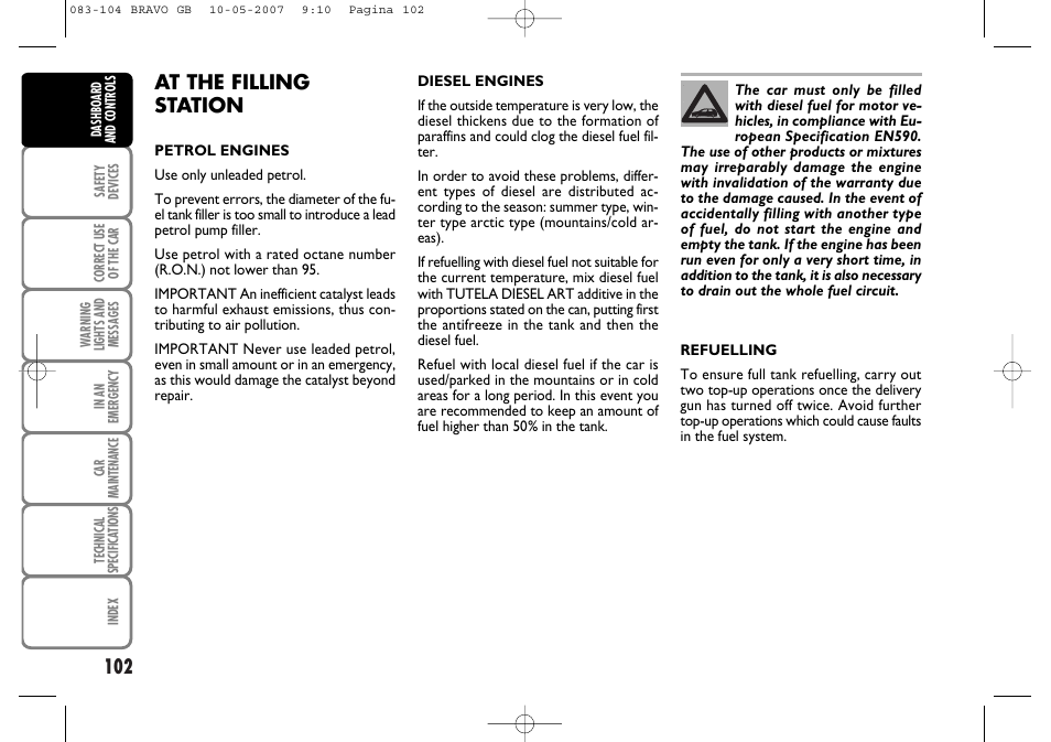 At the filling station | FIAT Bravo User Manual | Page 103 / 246