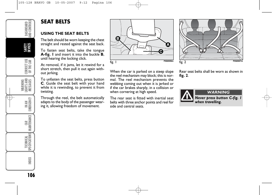 Seat belts | FIAT Bravo User Manual | Page 107 / 246