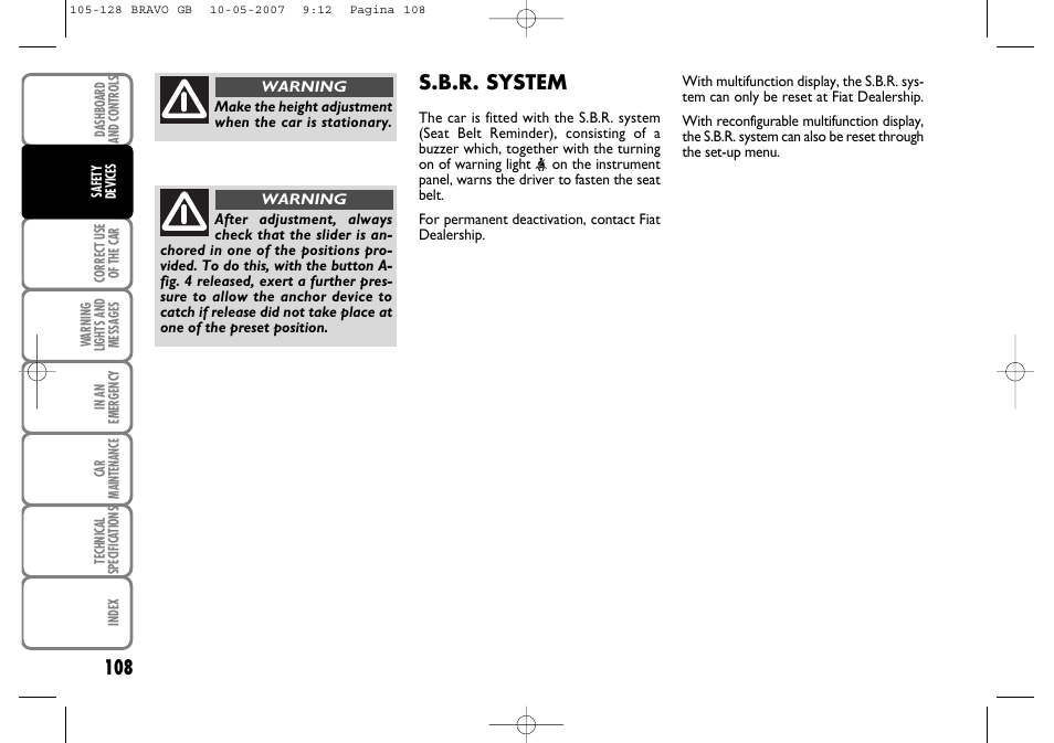 S.b.r. system | FIAT Bravo User Manual | Page 109 / 246