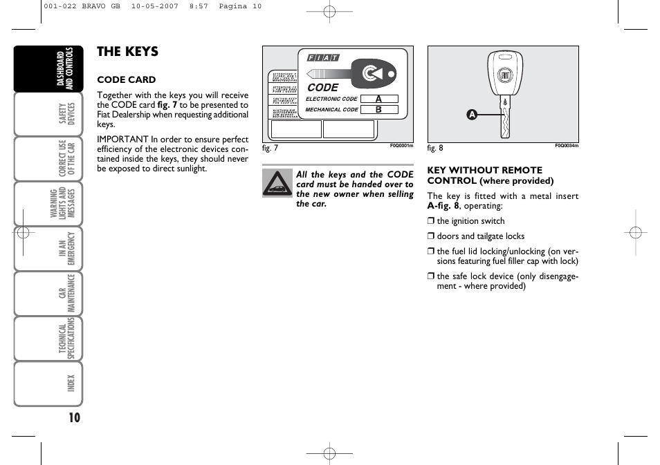 The keys | FIAT Bravo User Manual | Page 11 / 246