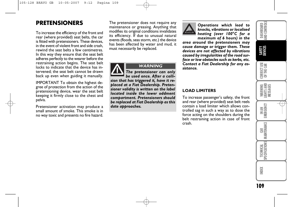 109 pretensioners | FIAT Bravo User Manual | Page 110 / 246