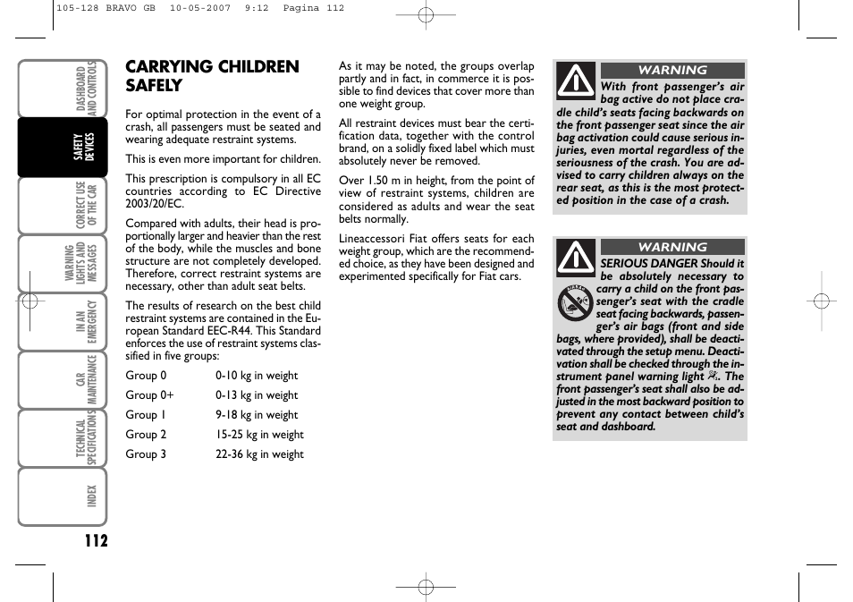 Carrying children safely | FIAT Bravo User Manual | Page 113 / 246