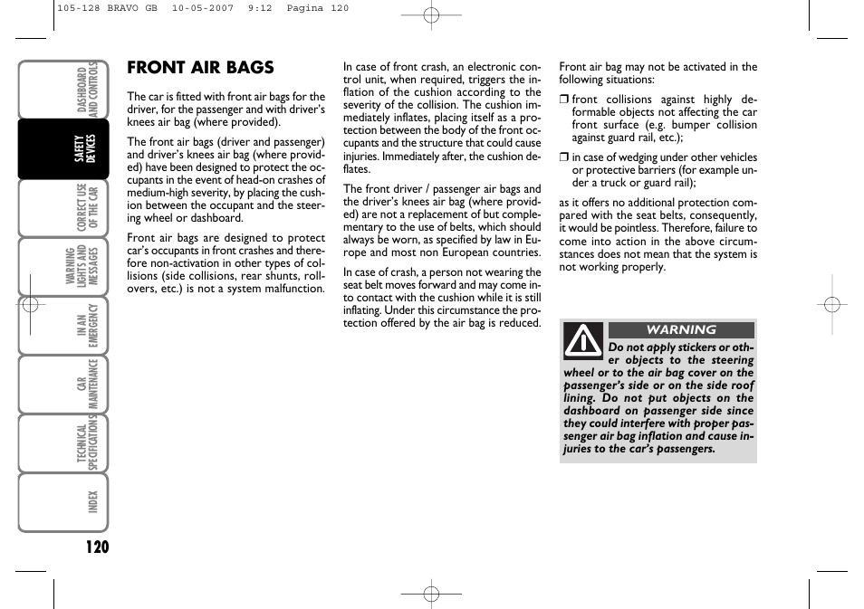 120 front air bags | FIAT Bravo User Manual | Page 121 / 246